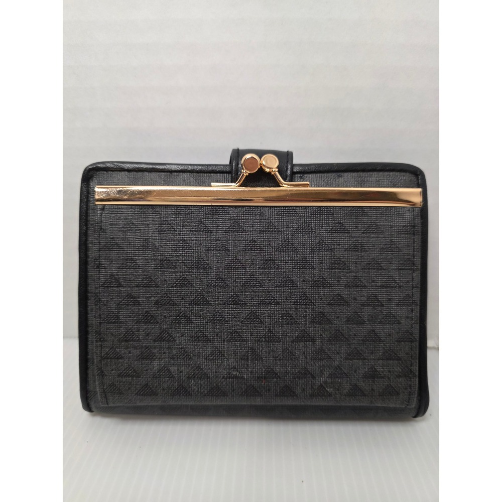 Vintage 90s Triangle Pattern Checkbook Wallet Kiss Lock Coin Purse Black - Picture 4 of 10